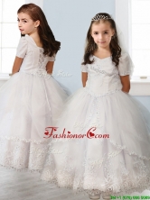 Best Square Short Sleeves White Little Girl Pageant Dress with Beading and Appliques THLG059FOR