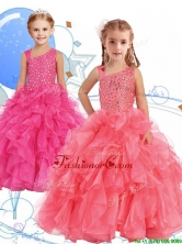Perfect Beaded and Ruffled Asymmetrical Neckline Little Girl Pageant Dress in Watermelon Red THLG052FOR