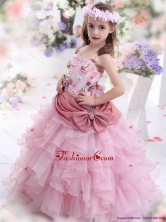 Rose Pink Little Girl Pageant Dress with Hand Made Flowers and Ruffled Layers WMDLG037FOR