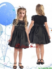 See Through Scoop Short Sleeves Lace and Belt Little Girl Pageant Dress in Black THLG088-2FOR