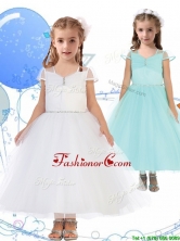 See Through Square Cap Sleeves Little Girl Pageant Dress with Beading THLG058FOR