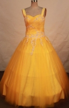 Modest A-line straps sweetheart-neck flor-length yellow appliques quinceanera dresses FA-X-167