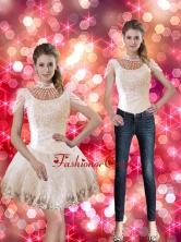 Popular Mini Length Champagne Prom Dresses with Beading and Appliques SJQDDT45004FOR
