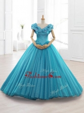 Exquisite Cap Sleeves Teal Quinceanera Gowns with AppliquesSWQD061-1FOR