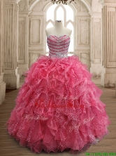 Fashionable Beaded and Ruffled Coral Red Quinceanera Dress in Organza SWQD156-4FOR