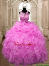 See Through Scoop Hot Pink Sweet 16 Dress with Beading and Ruffles SWQD138-4FOR
