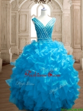 Wonderful Deep V Neckline Beading and Ruffles Sweet 16 Dress in Organza SWQD151-3FOR