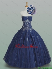 2016 Fall Elegant Ball Gown Strapless Beaded Quinceanera Dresses in Navy Blue SWQD005-1FOR