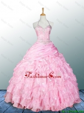 2016 Spring Pretty Halter Top Pink Quinceanera Dresses with Appliques SWQD021FOR