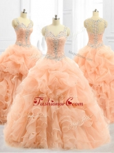 Cheap Straps Beading and Ruffles Quinceanera Dresses in PeachSWQD059FOR