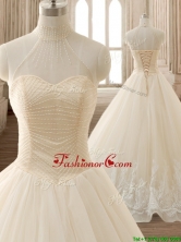 See Through High Neck Champagne Quinceanera Dress with Beading and Appliques SWQD134FOR