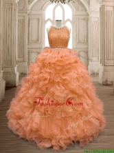 See Through Scoop Beaded and Ruffles Quinceanera Dress in Orange SWQD160-1FOR