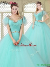 Exquisite V Neck Mint Sweet 16 Dresses with Appliques YCQD007FOR