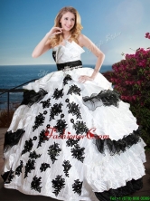 Fashionable Black and White Quinceanera Dress with Appliques and Ruffled Layers XFQD1181FOR