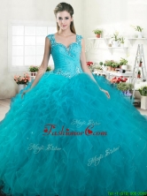 Gorgeous Straps Beaded and Ruffled Quinceanera Dress in Turquoise YYPJ029-1FOR
