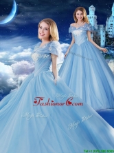 Off the Shoulder Brush Train Applique Quinceanera Gown with Removable Cap Sleeves XFQD1186FOR