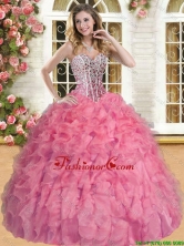 Wonderful Beaded and Ruffled Coral Red Quinceanera Gown in Organza YSQD007-2FOR