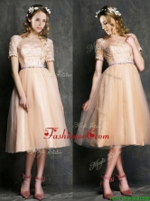 2016 Beautiful Bateau Short Sleeves Dama Dress with Sashes and Lace BMT0100DFOR
