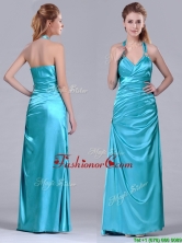 2016 Column Halter Top Elastic Woven Satin Aqua Blue Dama Dress with Ruching THPD251FOR