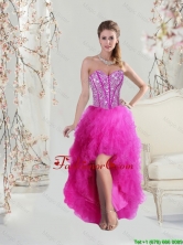 2016 Inexpensive High Low Sweetheart Fuchsia Dama Dresses with Beading and Ruffles QDDTA5004-2FOR