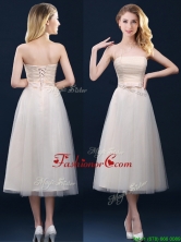 2016 Low Price Strapless Belt Champagne Long Dama Dress in Tulle BMT0185EFOR