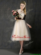 2016 Luxurious High Neck Champagne Dama Dress with Hand Made Flowers and Lace BMT0143CFOR