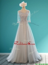 2016 Luxurious Scoop Half Sleeves Grey Dama Dress with Appliques and Belt BMT0128AFOR