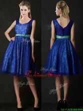 2016 New Arrivals Belted and Laced Blue Dama Dress in Knee Length BMT0180FOR