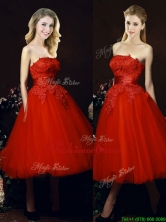 2016 Perfect Puffy Skirt Strapless Applique Tea Length Red Dama Dress BMT0152FOR