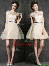 2016 See Through High Neck Short Dama Dress with Sashes and Lace BMT0119CFOR
