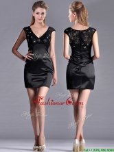 Classical V Neck Satin and Lace Dama Dress with Cap Sleeves THPD205FOR