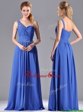 Column Chiffon Beading and Ruching Blue Dama Dress with One Shoulder  THPD272FOR