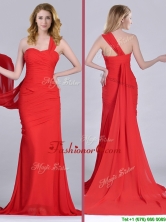 Column One Shoulder Watteau Train Coral Red Dama Dress with Side Zipper THPD297FOR