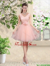 Decent V Neck Baby Pink Dama Dresses with Hand Made Flowers BMT042AFOR