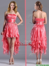 Elegant Strapless High Low Beaded Decorated Waist Dama Dress in Coral Red THPD307FOR