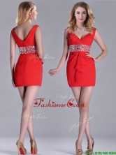 Hot Sale Beaded Decorated Waist V Neck Dama Dress in Red THPD125FOR