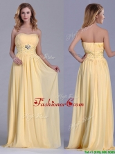 Lovely Empire Yellow Long Dama Dress with Beading and Ruching THPD186FOR