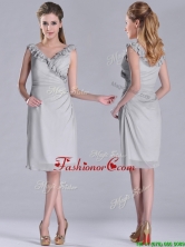 Modest V Neck Grey Chiffon Short Dama Dress with Side Zipper THPD130FOR