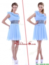 One Shoulder Light Blue Dama Dress with Beaded Decorated Waist and Ruffles THPD052FOR