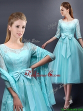 Romantic Aqua Blue Scoop Half Sleeves Dama Dress with Bowknot BMT0107-4FOR