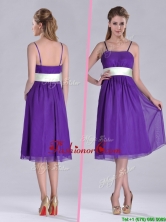 Romantic Spaghetti Straps Belted Eggplant Purple Dama Dress in Tea Length THPD175FOR