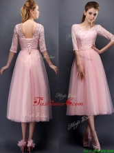 See Through V Neck Half Sleeves Dama  Dress with Lace and Belt BMT097D-1FOR