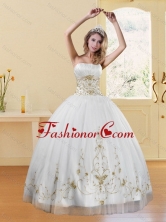 Best 2015 New Style Strapless Embroidery White and Gold Dresses for Quinceanera XFNAO5789TZFXFOR