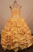 Best Ball Gown Strap Floor-length Yellow Taffeta Appliques Quinceanera dress Style FA-L-384