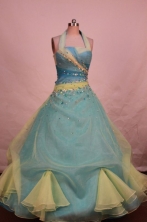 Low price A-line halter top neck flor-length organza beading blue quinceanera dresses FA-X-019