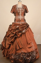 Modest Ball Gown Strapless Floor-length Brown Taffeta Embroidery Quinceanera dress Style FA-L-408