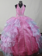 Sweet Ball Gown Halter Top Neck Floor-length Pink Quinceanera Dress LJ2602