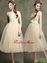 2016 Cheap Champagne V Neck Prom Dress with Belt and Bowknot BMT087-3FOR