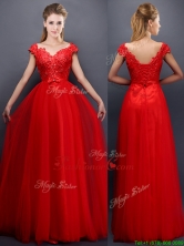 2016 Classical Beaded V Neck Red Prom Dress with Cap Sleeves BMT0158-1FOR