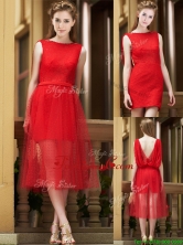 2016 Exclusive Bateau Lace Tea Length Prom Dress in Red BMT0145FOR